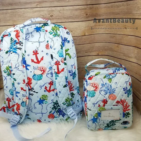 Vera Bradley Large Essential Backpack Anchors Aweigh Lunch Bunch Set Cotton Blue - Picture 2 of 16